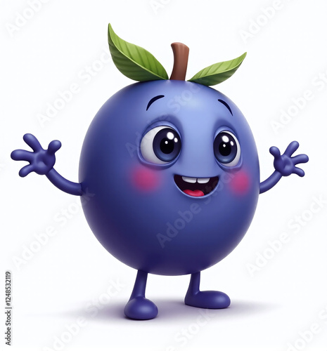 Plum Character with Cute Face, 2D Kids Illustration on White Background

