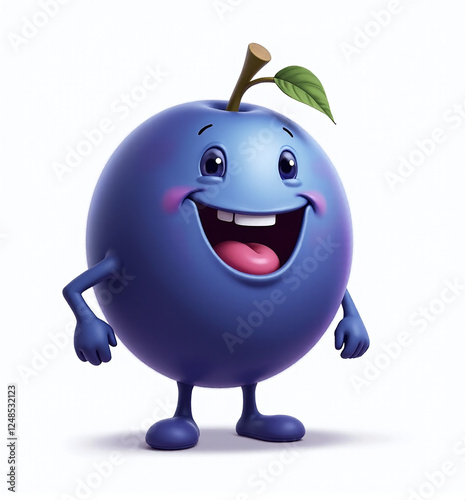 Plum Character with Cute Face, 2D Kids Illustration on White Background


