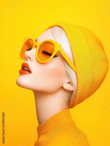 Stylish individual with bright yellow fashion accessories poses against a yellow backdrop in a chic urban setting
