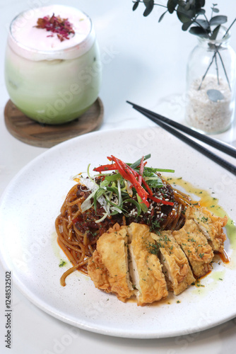 a plate of crispy chicken pasta with xo sauce