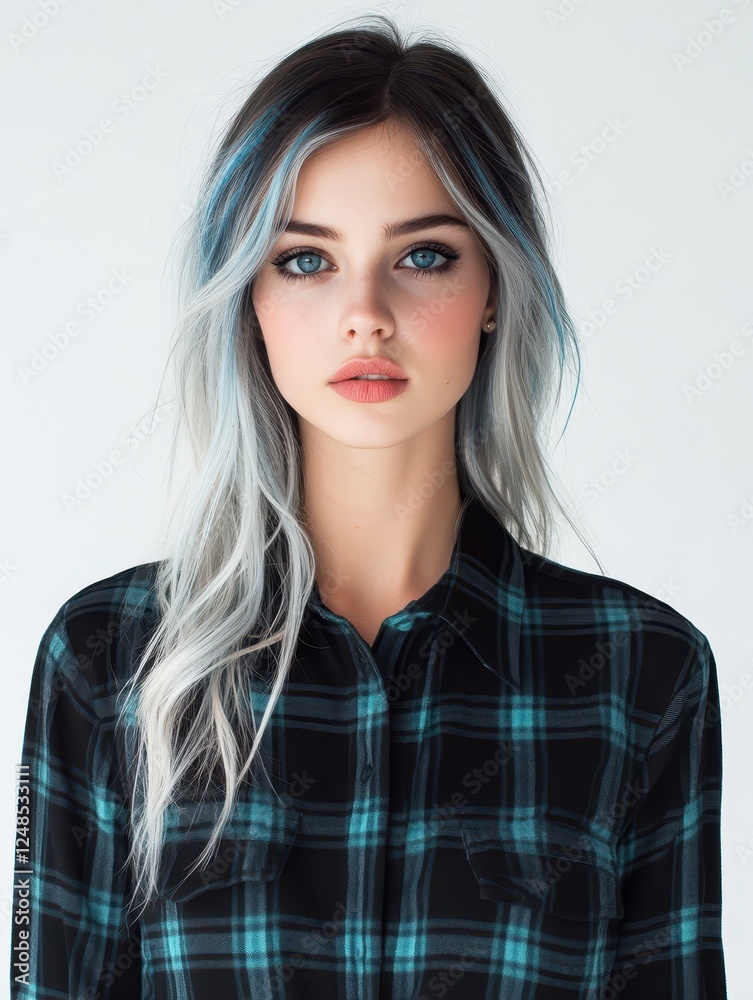 Young woman showcasing unique hairstyle and striking blue eyes while wearing a plaid shirt against a simple background Young woman showcasing unique hairstyle and striking blue eyes while wearing a plaid shirt against a simple background