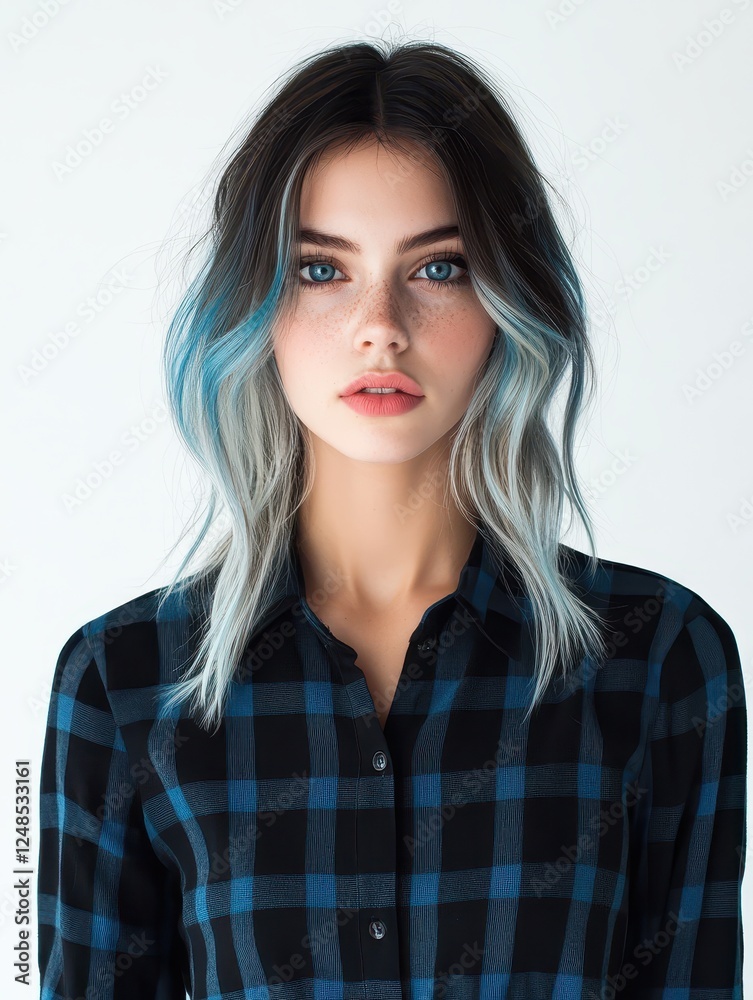 Young woman with stylish hair posing against a plain backdrop in a blue and black flannel shirt, showcasing a modern look and vibrant personality Young woman with stylish hair posing against a plain backdrop in a blue and black flannel shirt, showcasing a modern look and vibrant personality
