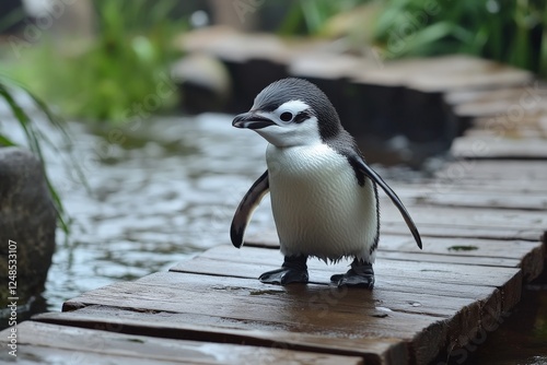Baby penguin waddling along a wooden path near water surrounded by lush greenery in a tranquil setting