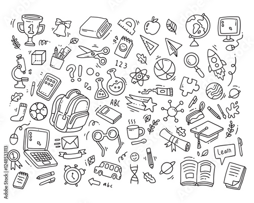 Back to school doodle elements. Vector illustration in line