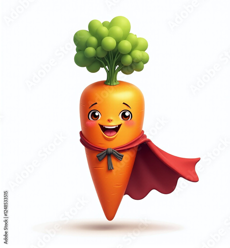 Carrot Superhero with Cape, 2D Kids Illustration on White Background

