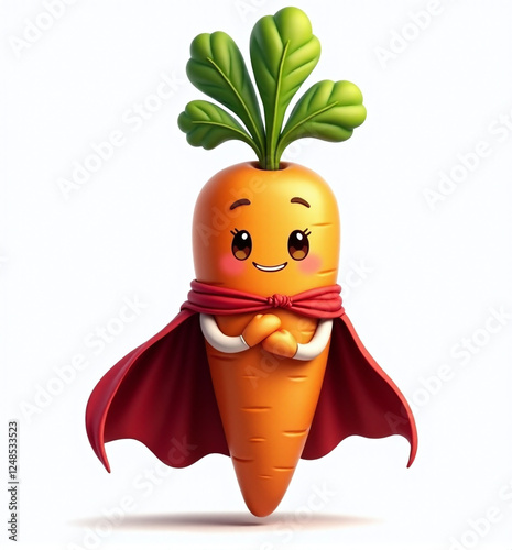 Carrot Superhero with Cape, 2D Kids Illustration on White Background

