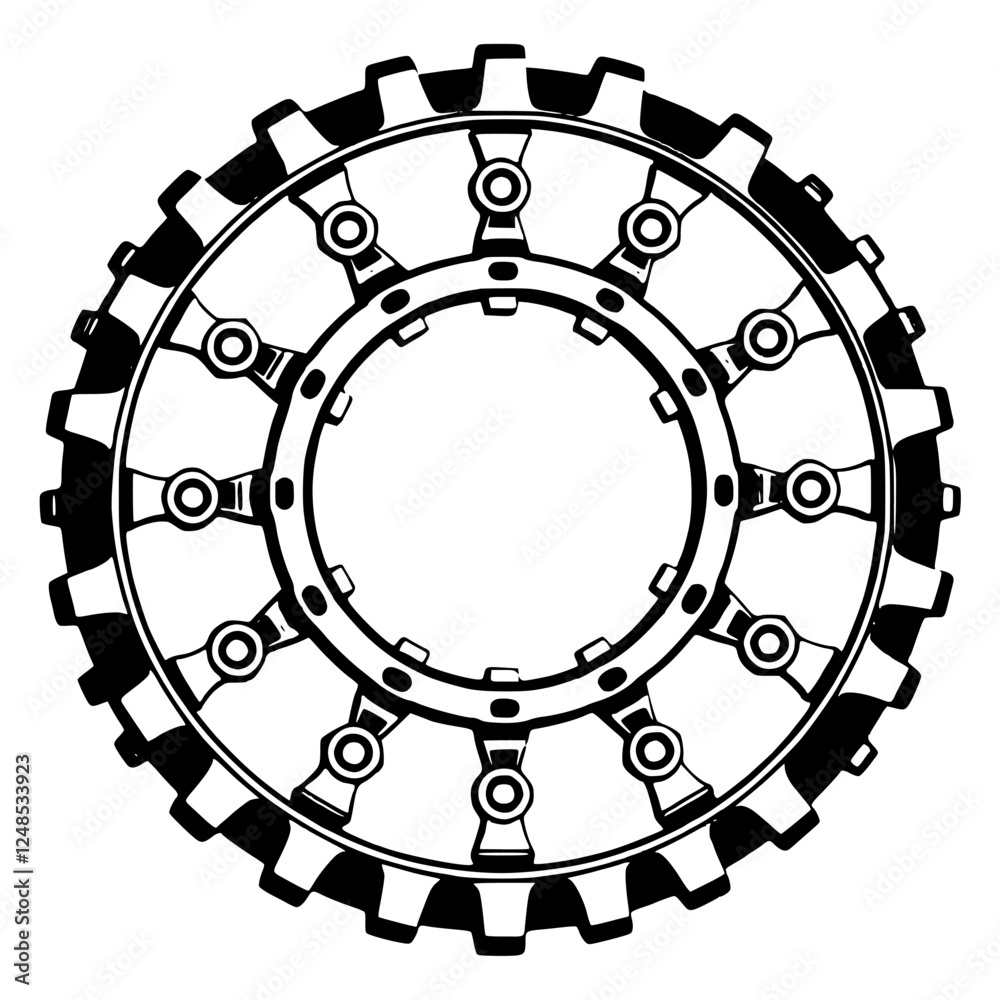 Gear Wheel Mechanism: Black and white, detailed illustration of a gear wheel, with a circular shape. Gear Wheel Mechanism: Black and white, detailed illustration of a gear wheel, with a circular shape.