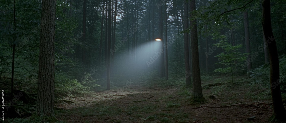 Obraz premium A beam of light penetrates a dark, dense forest, evoking mystery and intrigue amid towering trees and misty ambiance.