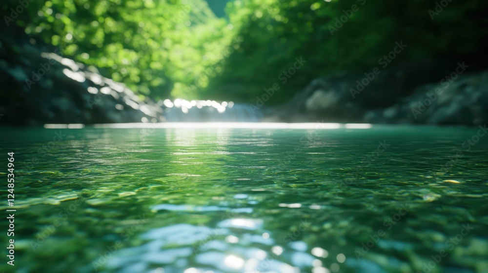 Fototapeta premium Tranquil river surrounded by lush greenery under bright sunlight near a rocky landscape in the heart of nature's pristine beauty