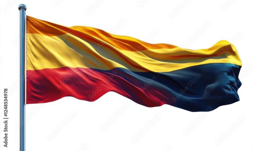 Fototapeta premium Colombian flag waving, outdoor, bright day, white background, patriotic imagery