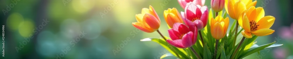 Colorful spring flowers in a vase with greenery, illustration, garden Colorful spring flowers in a vase with greenery, illustration, garden