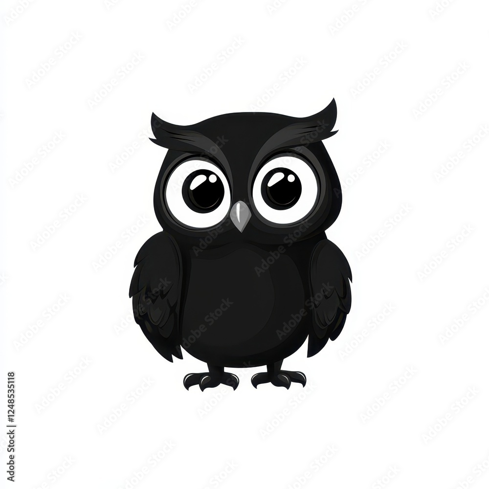 Cute black owl character with large expressive eyes standing on a white background Cute black owl character with large expressive eyes standing on a white background