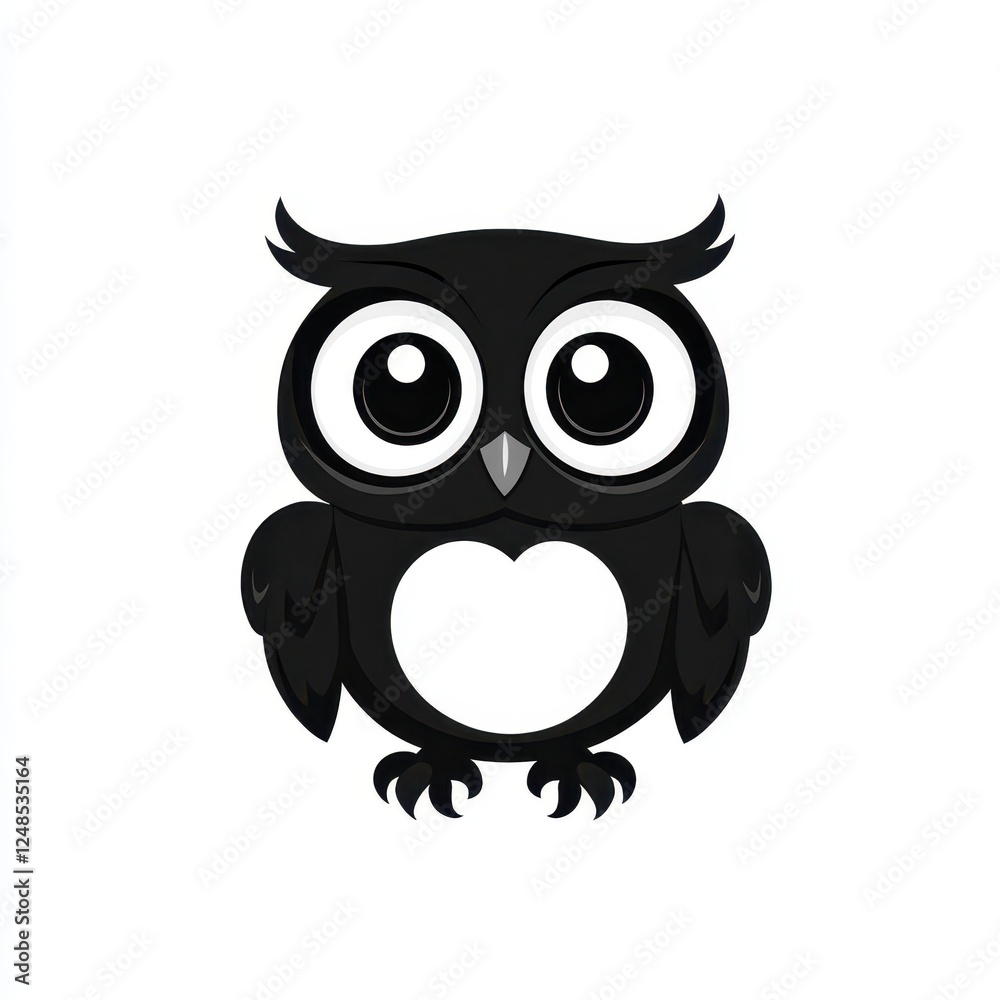 Obraz premium Cute cartoon owl illustration with large eyes and heart-shaped belly in minimalist design style suitable for children's products