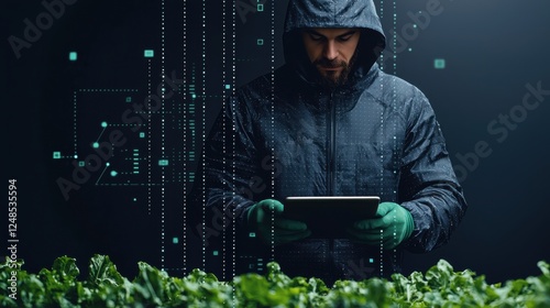 An agricultural worker uses a tablet to monitor crop growth, integrating technology in modern farming practices.