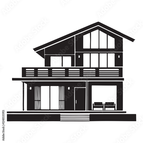 Two Story House Vector Silhouette With Modern Style Design