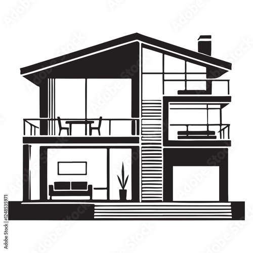 Multi Level Modern Home Silhouette Vector Art with Open Design