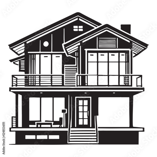 Multi Story House Vector Art With Balconies and Detailed Windows