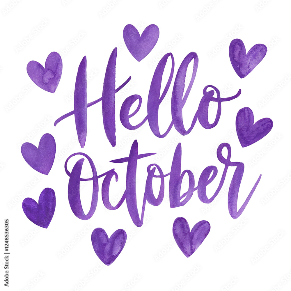 Purple lettering spells out Hello October surrounded by scattered heart shapes. Purple lettering spells out Hello October surrounded by scattered heart shapes.