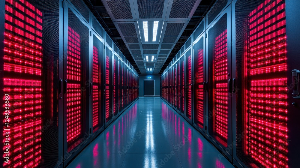 Fototapeta premium Red-lit server room; data center corridor