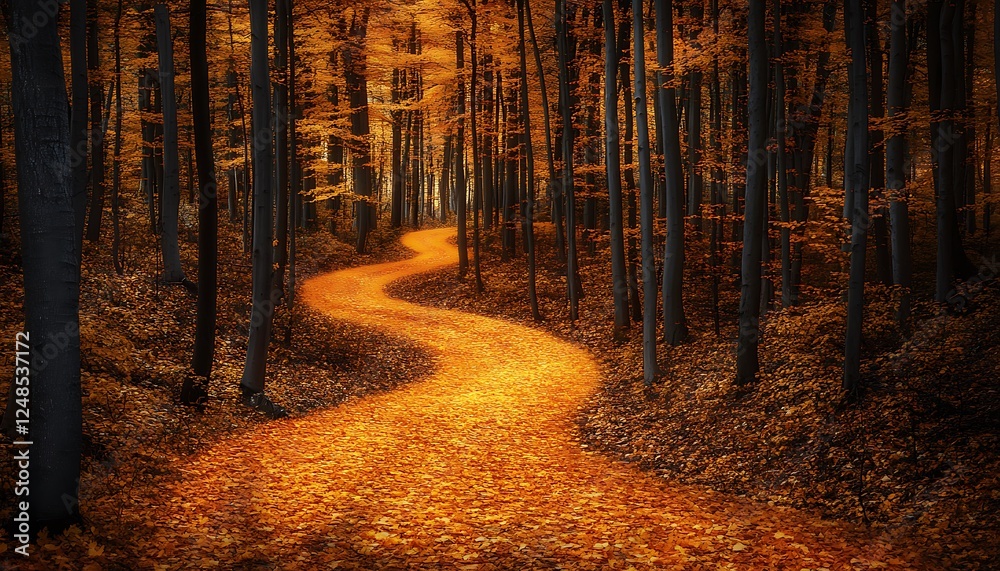 Obraz premium An enchanting autumnal trail covered in golden leaves winding through a forest of tall glowing amber trees