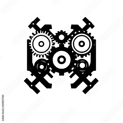 Black-and-white engineering gears arranged in a symmetric, central, and slightly asymmetrical manner.