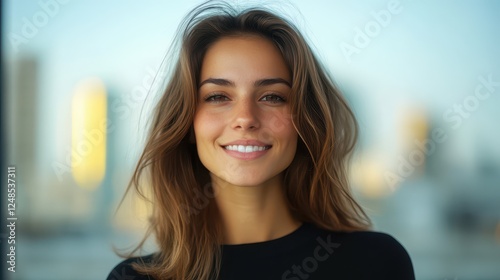 Young woman smiling warmly against a city skyline backdrop during the golden hour of late afternoon Free Download Young woman smiling warmly against a city skyline backdrop during the golden hour of late afternoon - GFXLoad