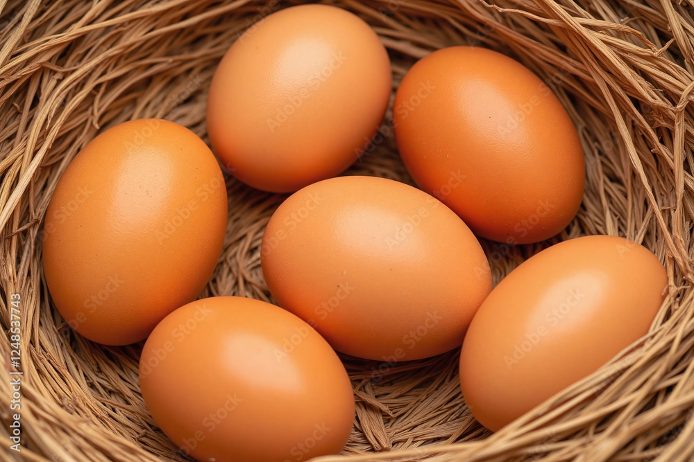 nest with six brown eggs in dry golden brown straw natural light nest with six brown eggs in dry golden brown straw natural light