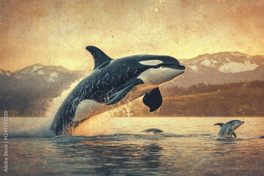 Fototapeta premium Orca whale leaping majestically at sunset, a smaller dolphin nearby, majestic ocean scene.