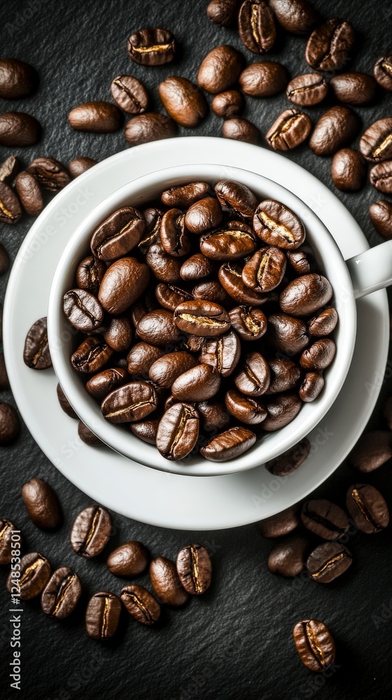 Fototapeta premium Richly Roasted Coffee Beans in a White Cup, Exquisite Coffee Bean Display