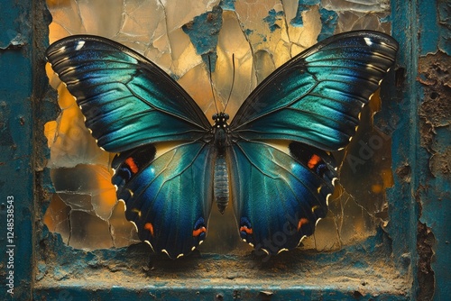 A vibrant blue morpho butterfly rests on a weathered, cracked window pane, creating a stunning contrast. photo