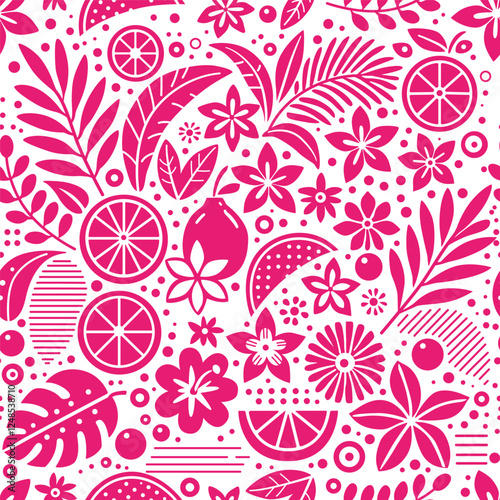 Seamless pattern with fruits and tropical leaves.