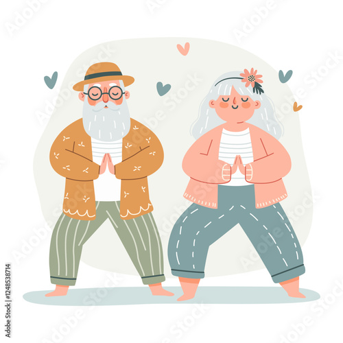 Two pensioners, a grandmother and a grandfather, practice yoga outdoors in fashionable clothes.