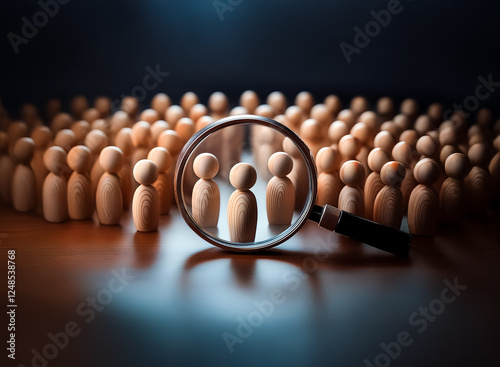 Wooden figures are highlighted with a magnifying glass, creating a double exposure effect. Focus on specific individuals from a large group concept.