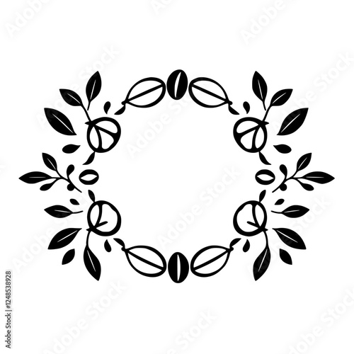 Coffee bean and leaf frame with black and white outline.