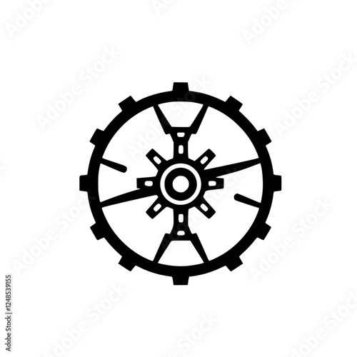 Mechanical cogwheel, black outline on white, featuring complex interlock, clock-like design, with clock hands.