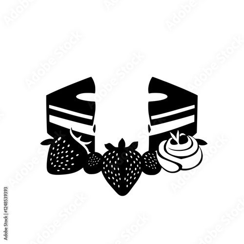 Black and white stylized illustration of cakes, strawberries and a rose, with cakes surrounding the strawberries.