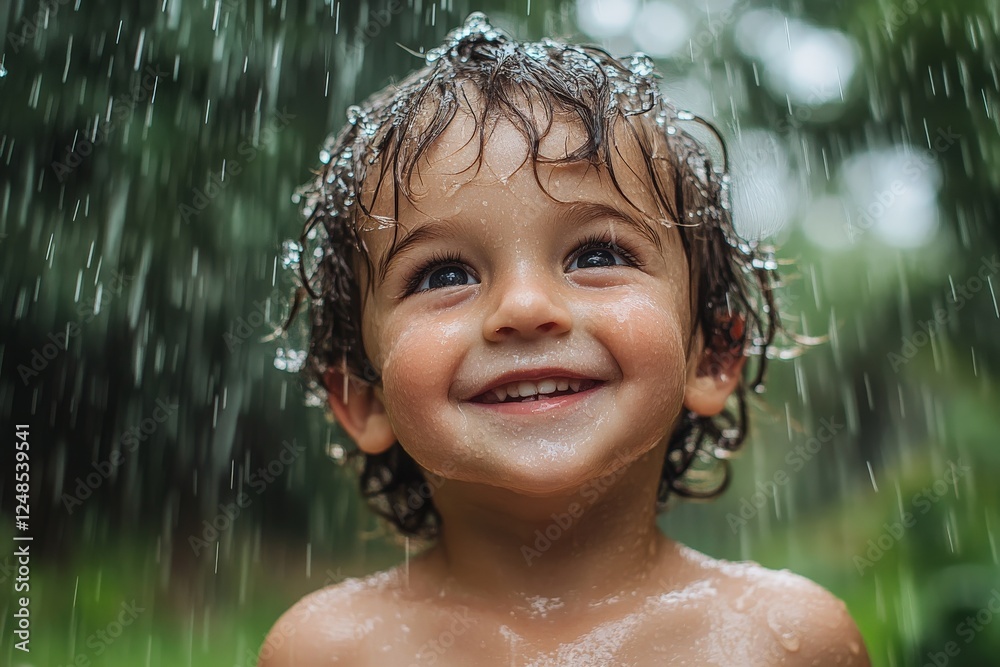 Obraz premium Joyful young child enjoying a summer rain shower in a lush outdoor setting with a bright smile and sparkling eyes
