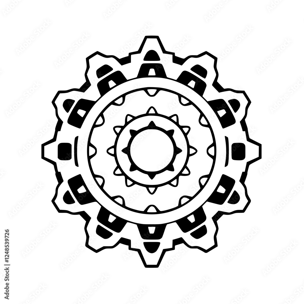 Abstract symmetrical gear design, circular illustration with a central element, clean, bright. Abstract symmetrical gear design, circular illustration with a central element, clean, bright.