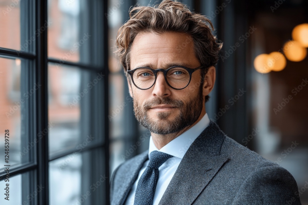 Fototapeta premium Professional man with glasses poses confidently by a large window in a contemporary office space