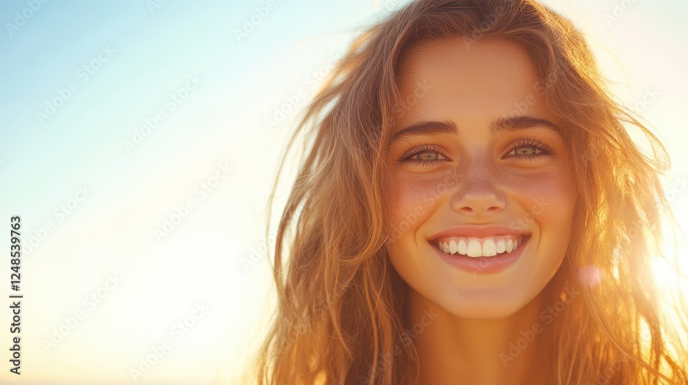 Smiling young woman enjoys a sunny day at the beach with natural light highlighting her features and joyful expression Smiling young woman enjoys a sunny day at the beach with natural light highlighting her features and joyful expression
