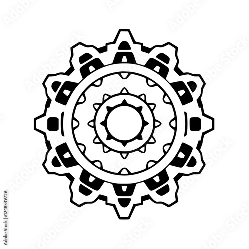 Abstract symmetrical gear design, circular illustration with a central element, clean, bright.