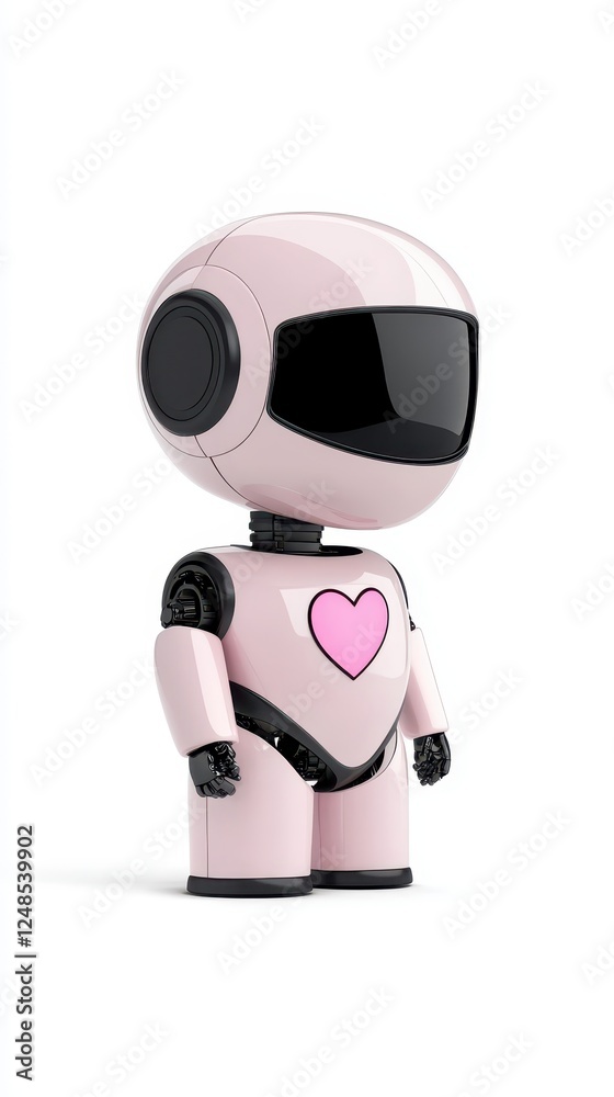 Cute pink robot character with heart symbol standing on a clean background Cute pink robot character with heart symbol standing on a clean background