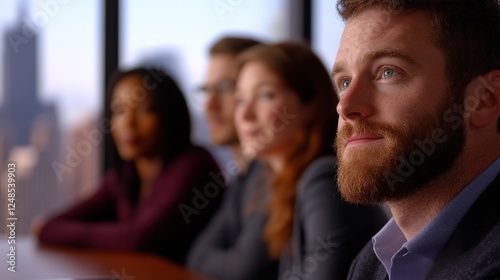 diverse group of professionals in a meeting looking out the window