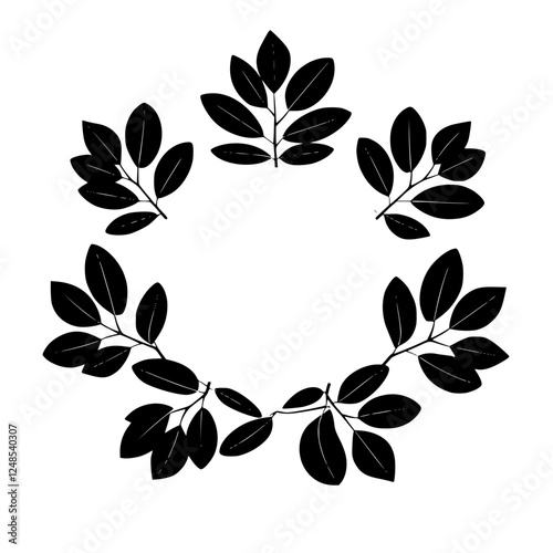 "Monochrome Floral Arrangement: A semi-circular arrangement of leaves, showcasing a minimal and minimalist style, with dark leaves on white background."