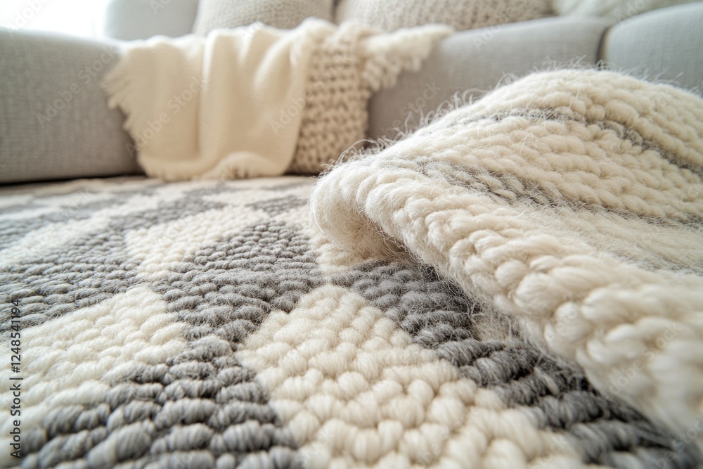 Cozy living room scene with a textured, gray and white wool throw blanket on a patterned rug. Cozy living room scene with a textured, gray and white wool throw blanket on a patterned rug.