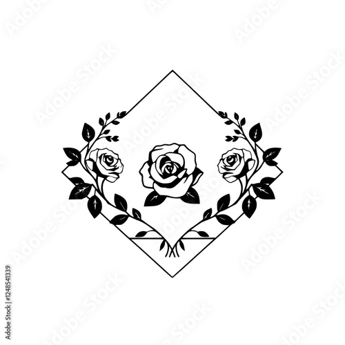 Black and white rose pattern in a diamond frame and a diamond shaped rose illustration.