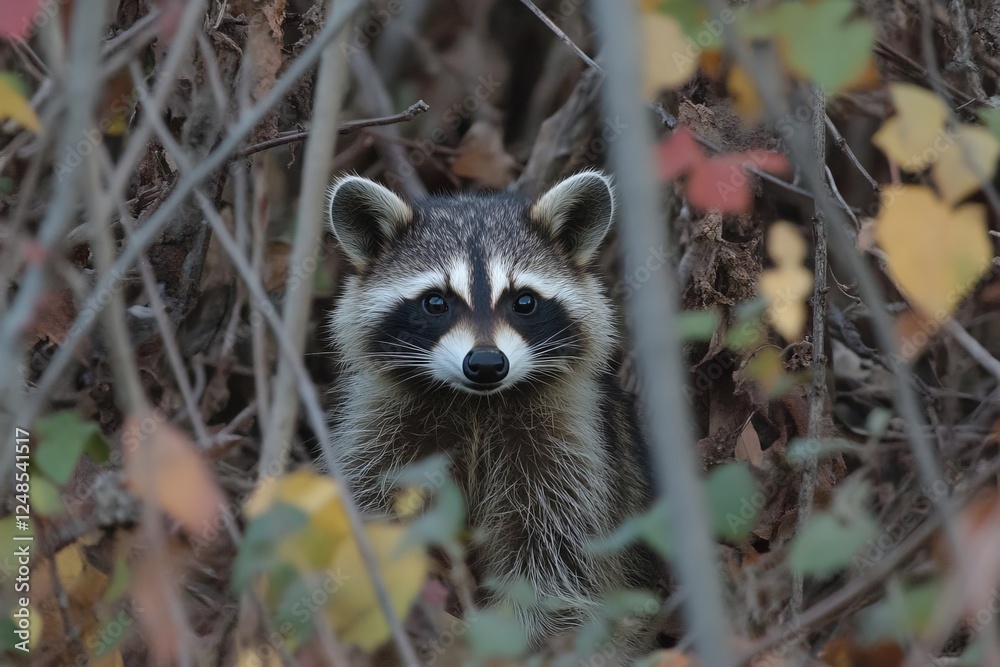 Fototapeta premium Raccoon peeks through bushes in autumn forest setting during late afternoon