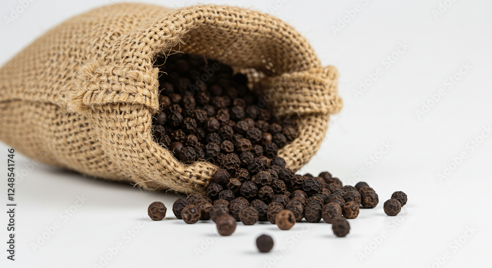 An elegant close-up of black peppercorns gently spilling from a burlap sack