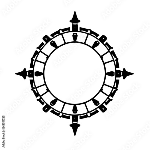 Black and white circular compass with a starburst design, minimalist.