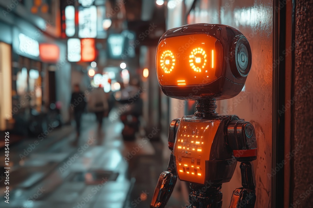Robot with LED eyes stands on a rainy street in a neon-lit urban area during evening hours Robot with LED eyes stands on a rainy street in a neon-lit urban area during evening hours